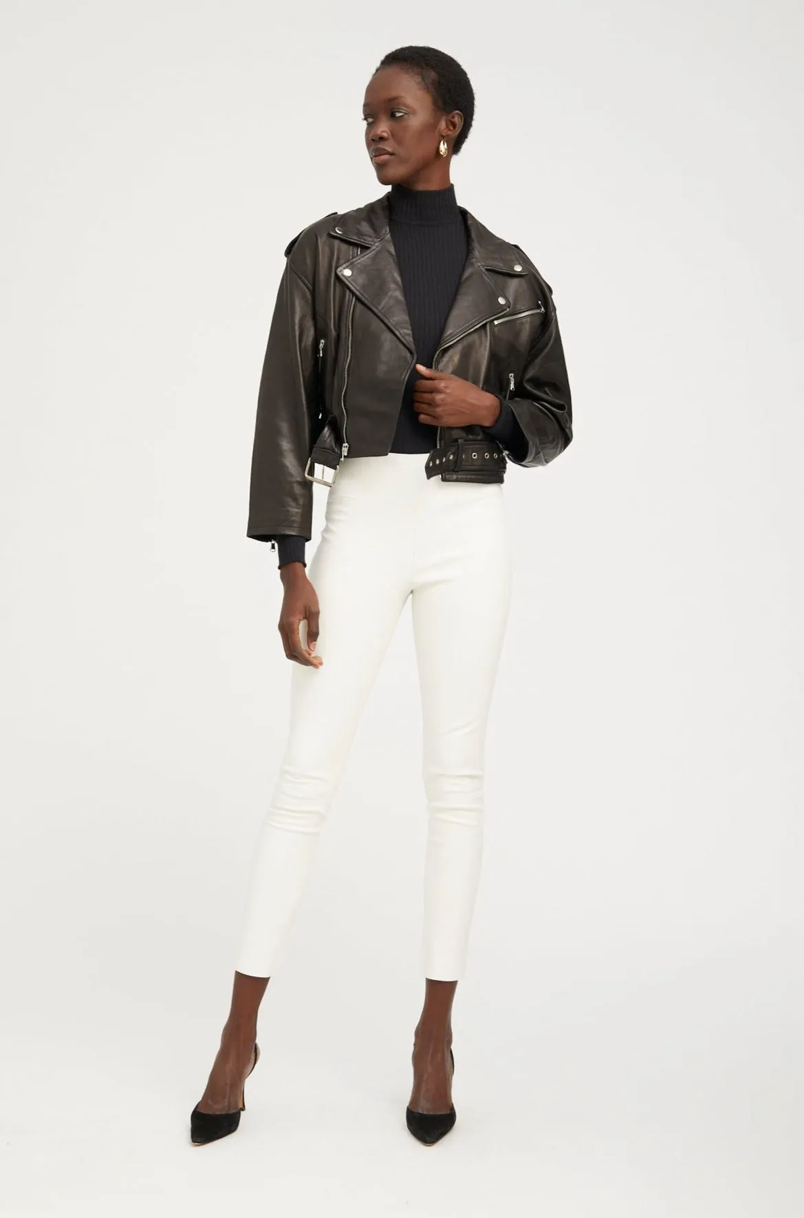 Black Leather Eyelet Lace-Up Moto Jacket