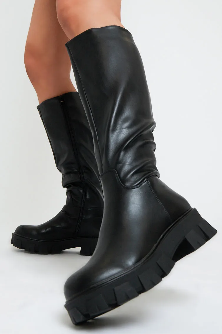 Black PU Faux Leather Knee High Boots - Ellea