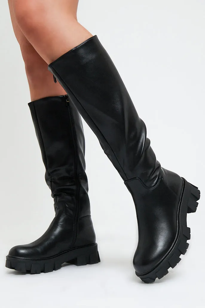 Black PU Faux Leather Knee High Boots - Ellea