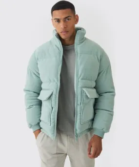 boohoo Mens Fleece Funnel Neck Puffer Coat In Sage