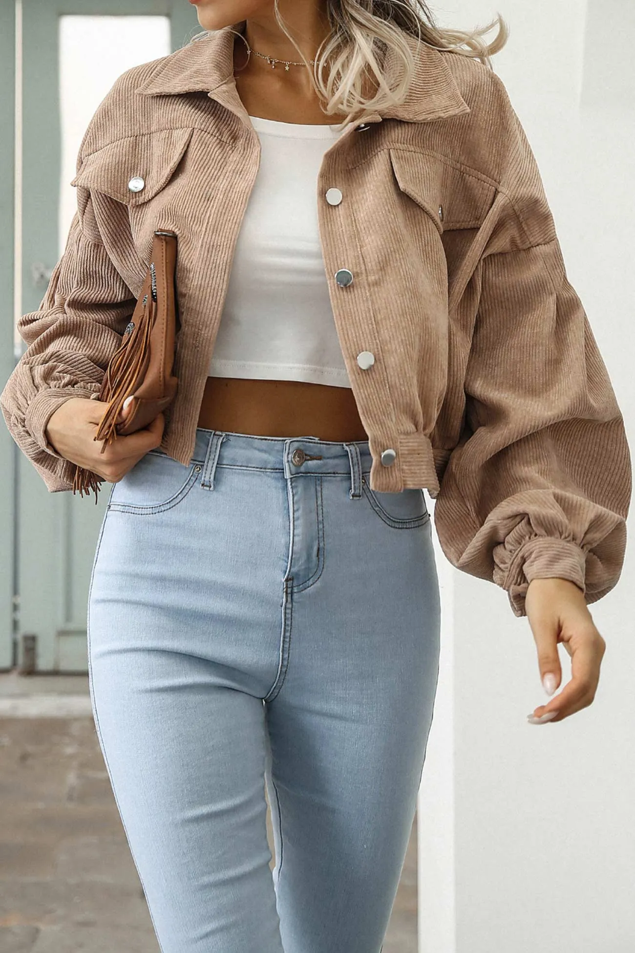 Corduroy Single-breasted Cropped Jacket