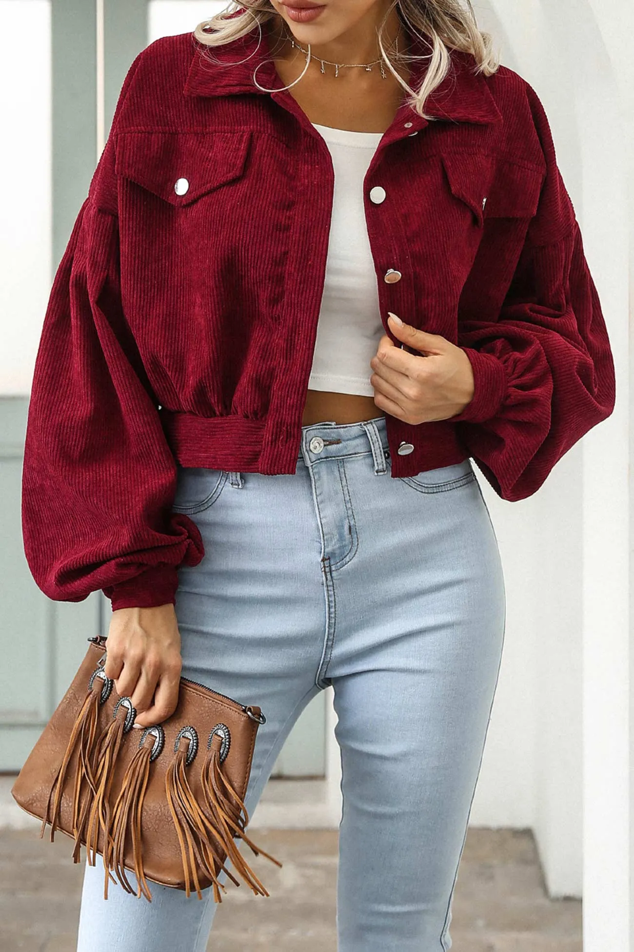 Corduroy Single-breasted Cropped Jacket