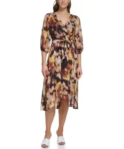 DKNY Women's Blouson Sleeve Floral Wrap Dress