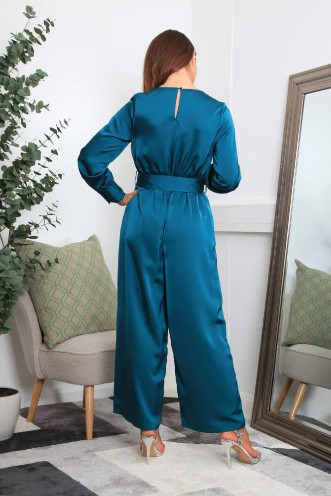 Double Second Teal Lux Satin Wrap Jumpsuit