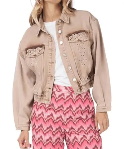 ESQUALO Embellished Jean Jacket In Dark Sand