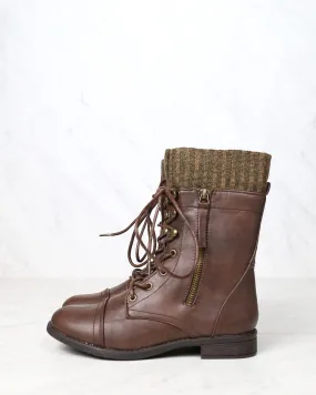 Final Sale - The Combat Sweater Cuff Mid Calf Boots in Brown