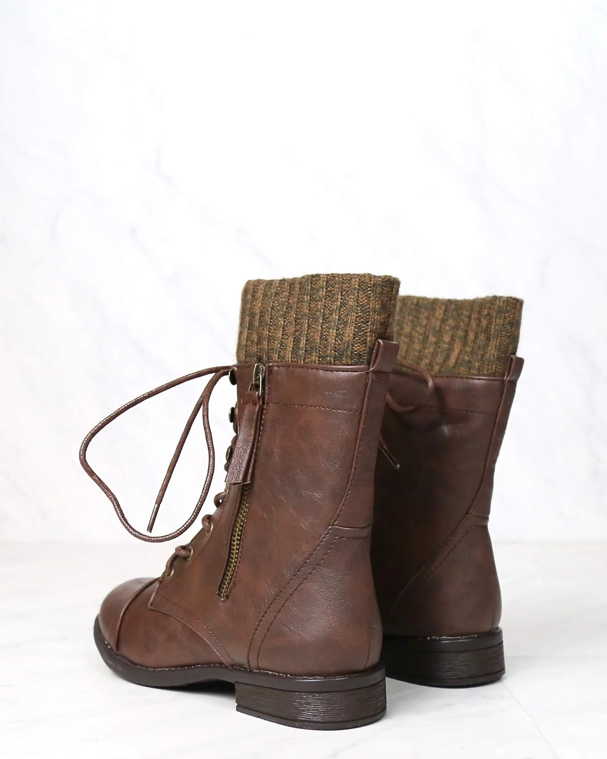 Final Sale - The Combat Sweater Cuff Mid Calf Boots in Brown