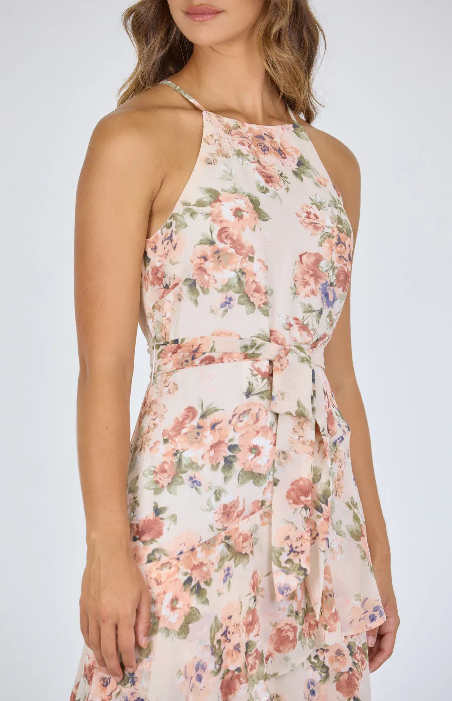 Floral Print Halter Neck Dress with Waterfall Hem (ADR1101-2A)