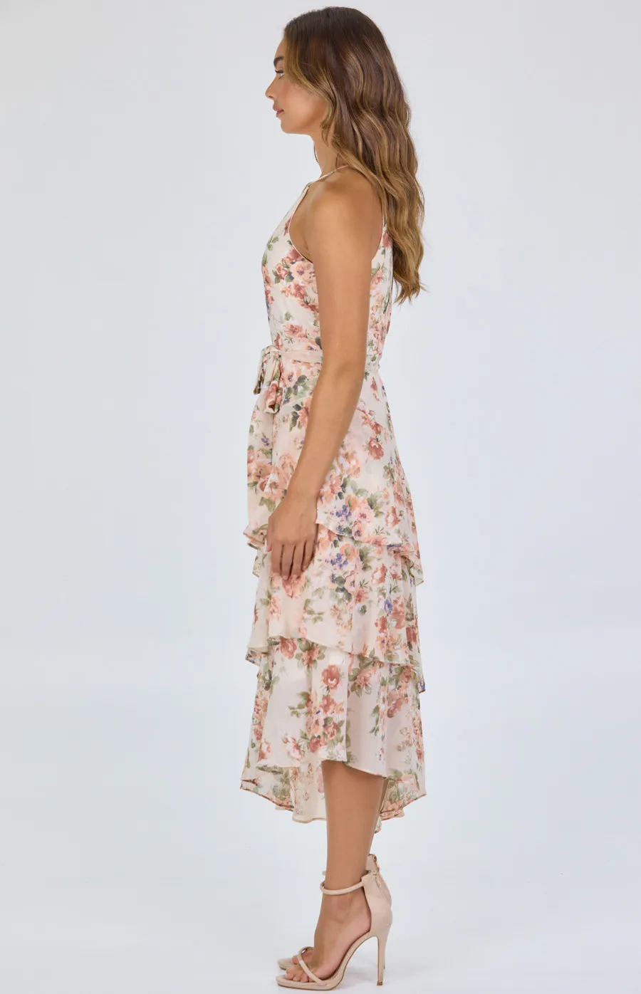 Floral Print Halter Neck Dress with Waterfall Hem (ADR1101-2A)