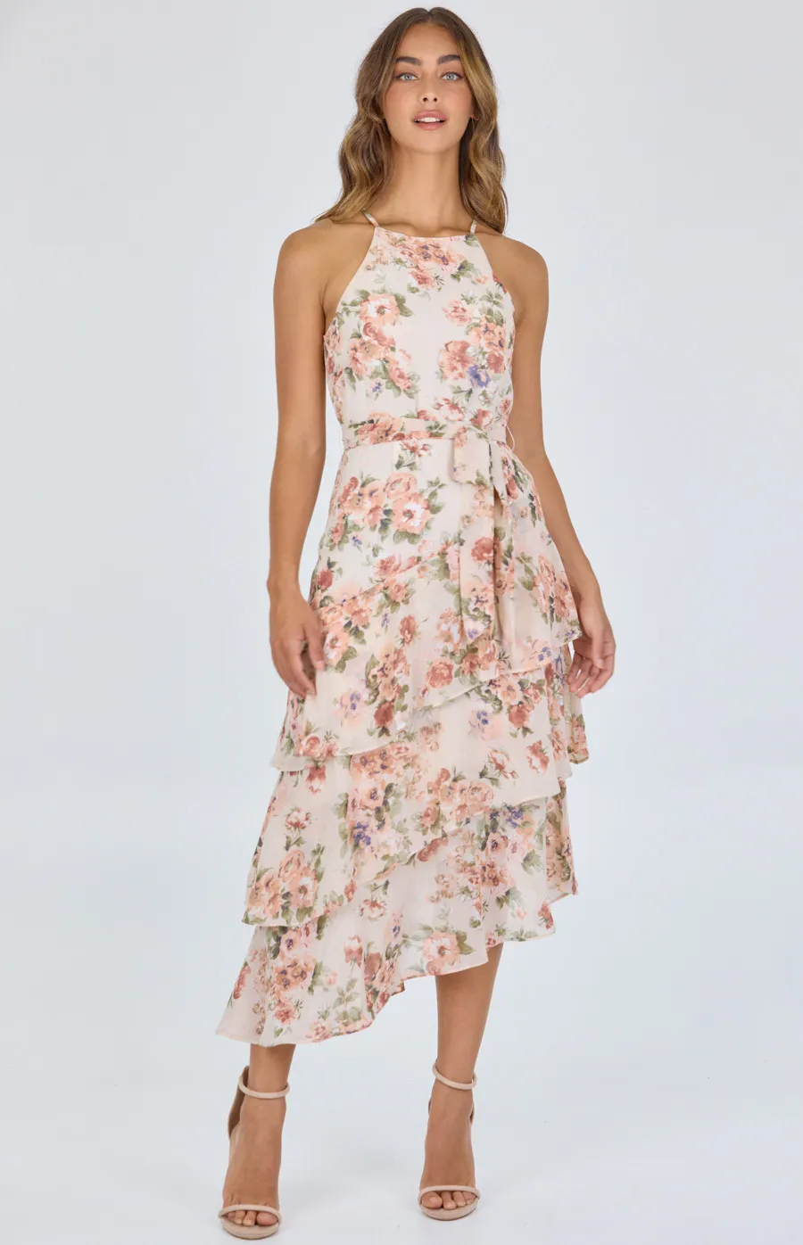 Floral Print Halter Neck Dress with Waterfall Hem (ADR1101-2A)