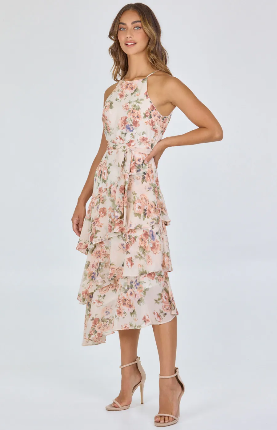 Floral Print Halter Neck Dress with Waterfall Hem (ADR1101-2A)