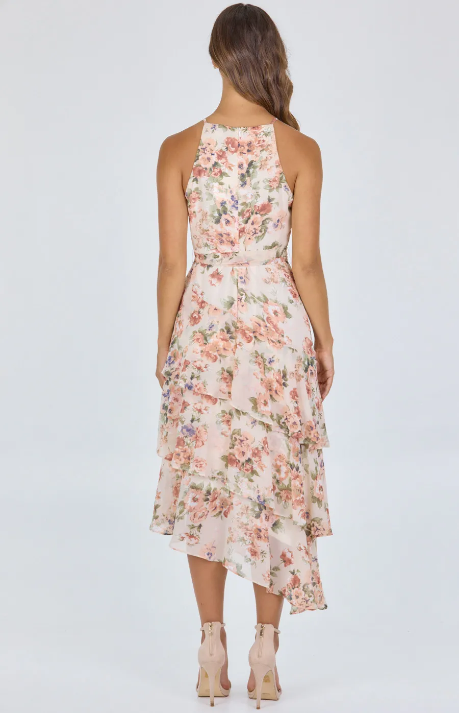 Floral Print Halter Neck Dress with Waterfall Hem (ADR1101-2A)