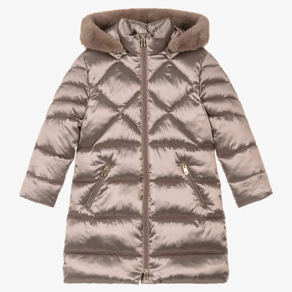 Girls Brown Hooded Puffer Coat