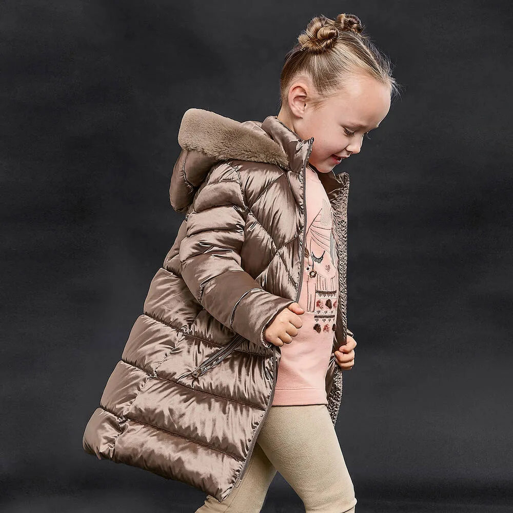 Girls Brown Hooded Puffer Coat