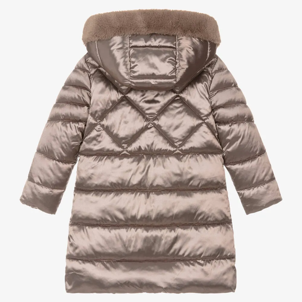 Girls Brown Hooded Puffer Coat