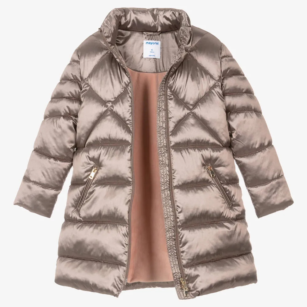 Girls Brown Hooded Puffer Coat