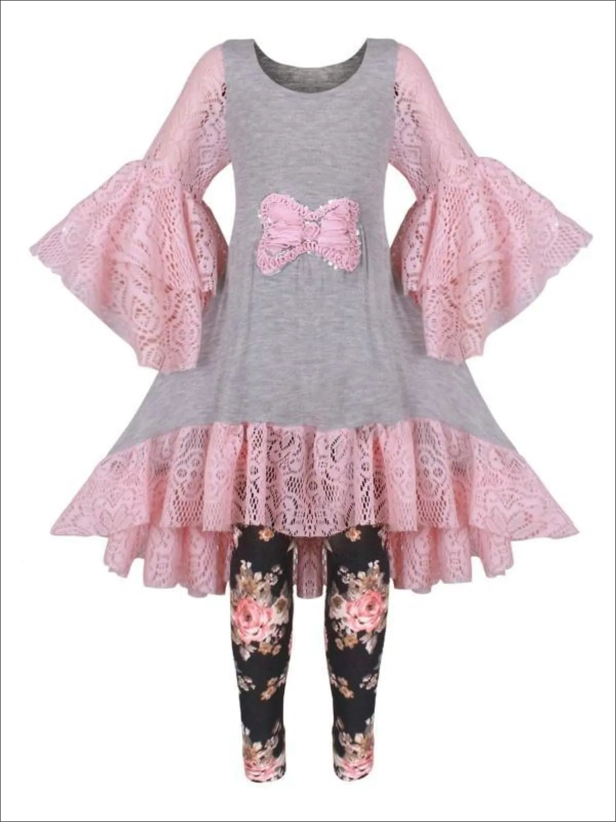 Girls Hi-Lo Tiered Flared Lace Sleeve and Hem Tunic And Legging Set