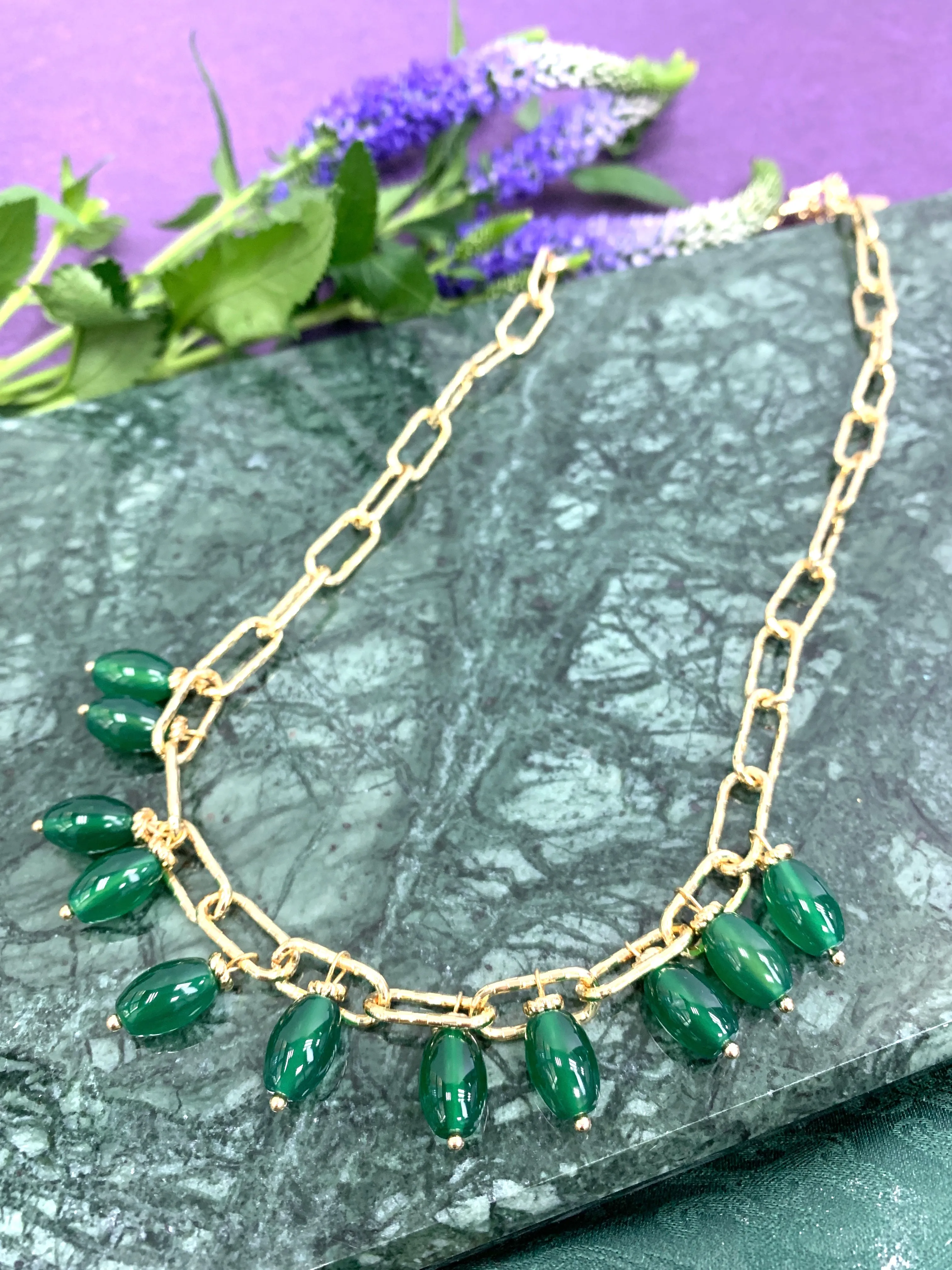 Green Agate Statement Chain Necklace HN010