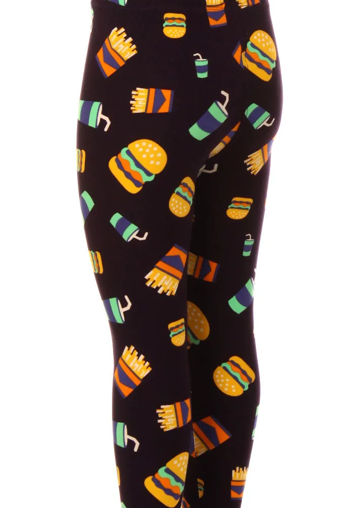 Kid's Burger Fries Soda Food Pattern Printed Leggings