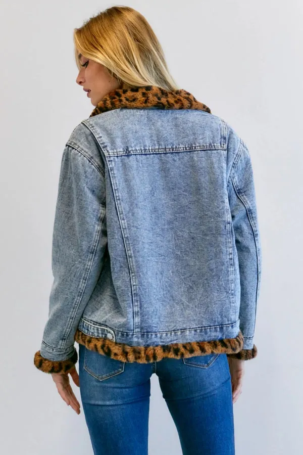 Leopard Fur Lining Oversize Denim Jacket