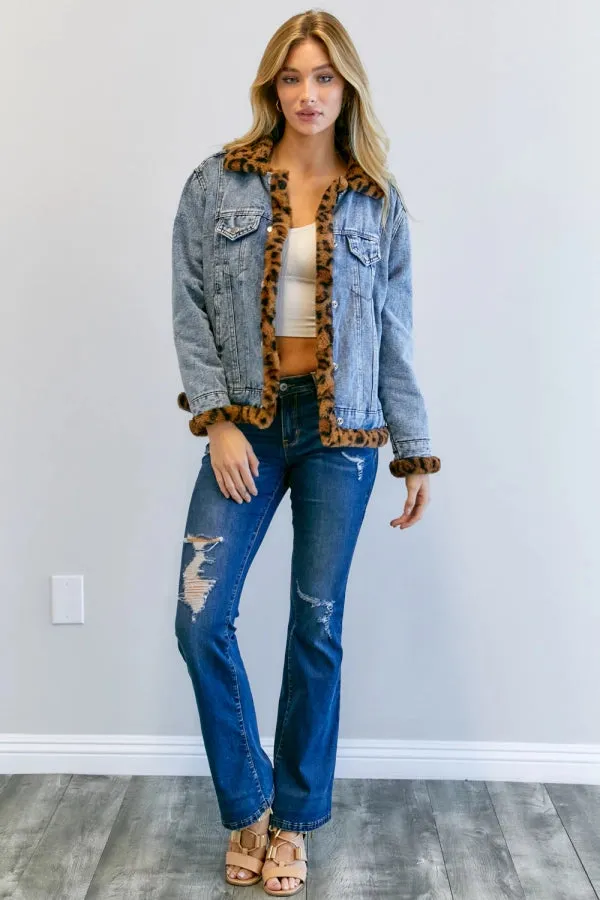 Leopard Fur Lining Oversize Denim Jacket