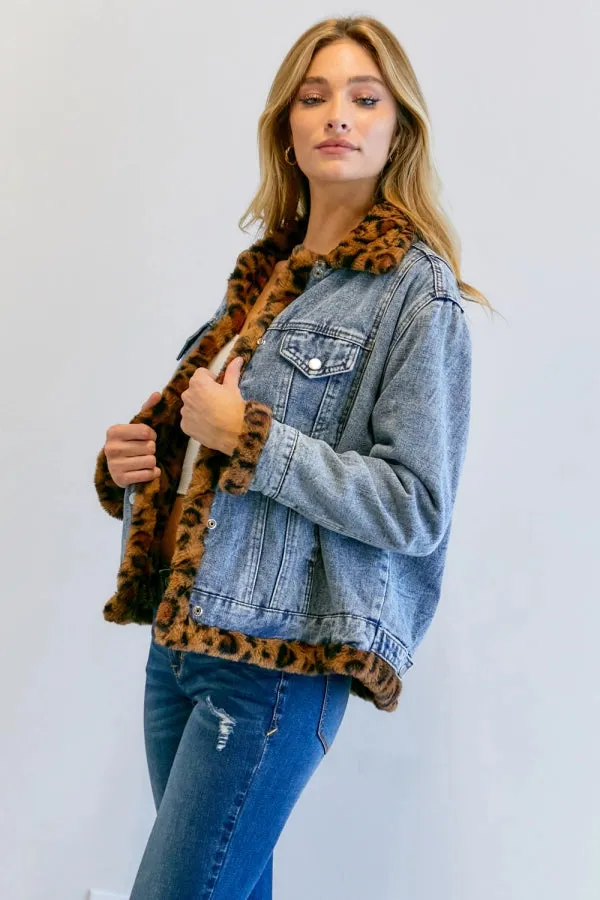 Leopard Fur Lining Oversize Denim Jacket