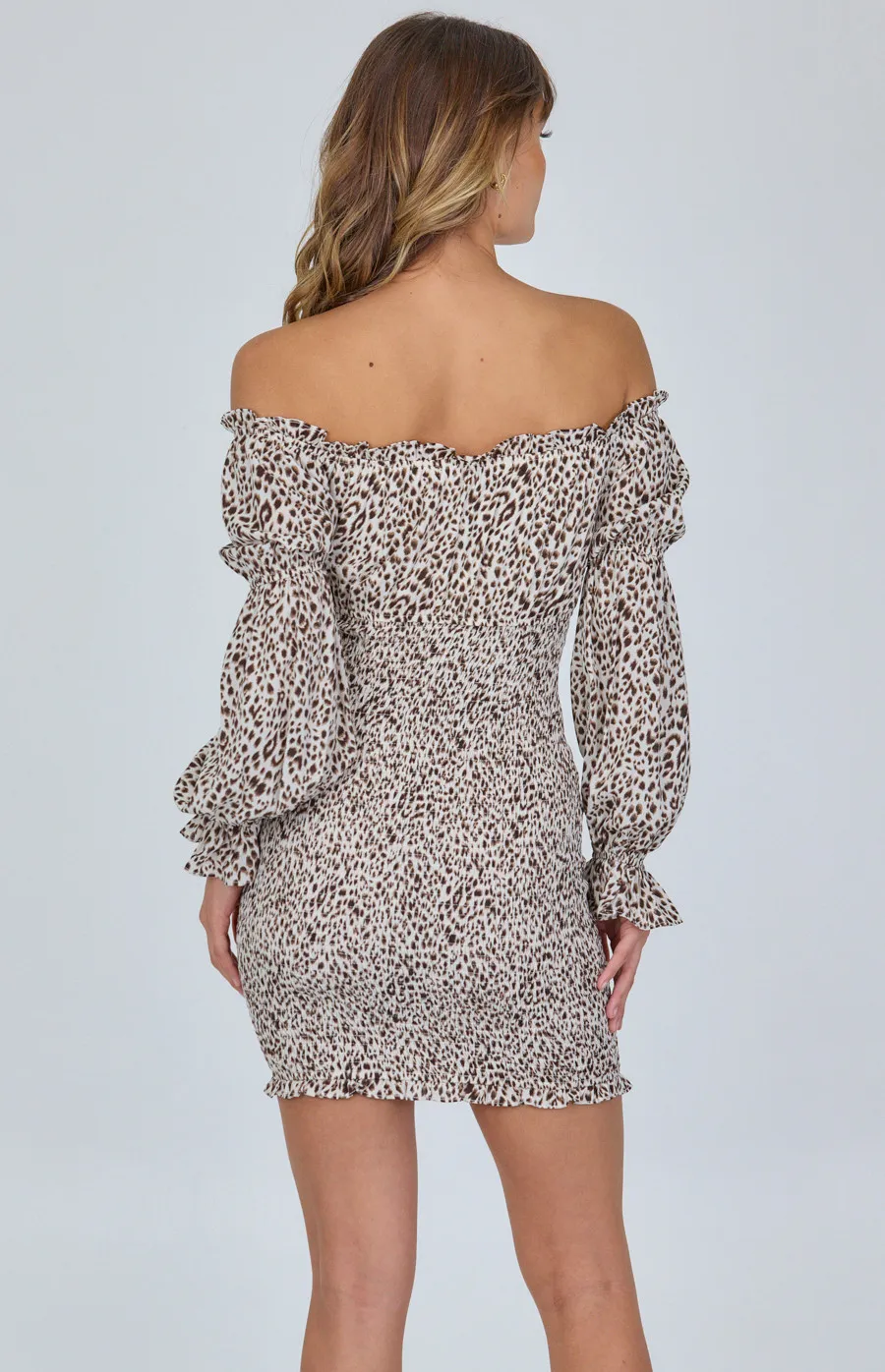 Leopard Print Off the Shoulder Shirred Mini Dress (SDR1080A)