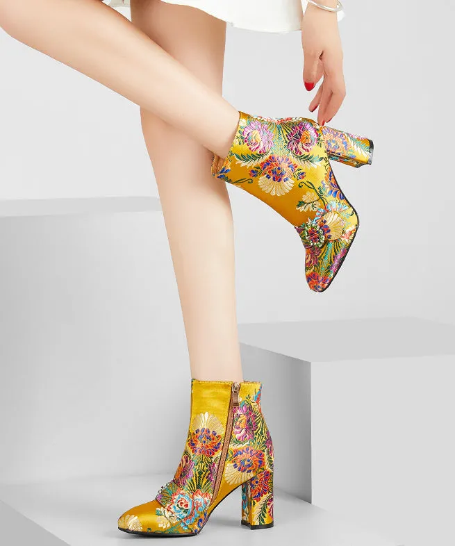 New Yellow Embroidered Zippered Cotton Chunky Ankle Boots