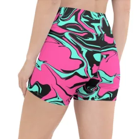 Pink Turquoise and Black Abstract Melt Rave Ready Yoga Shorts w/ Inside Pocket