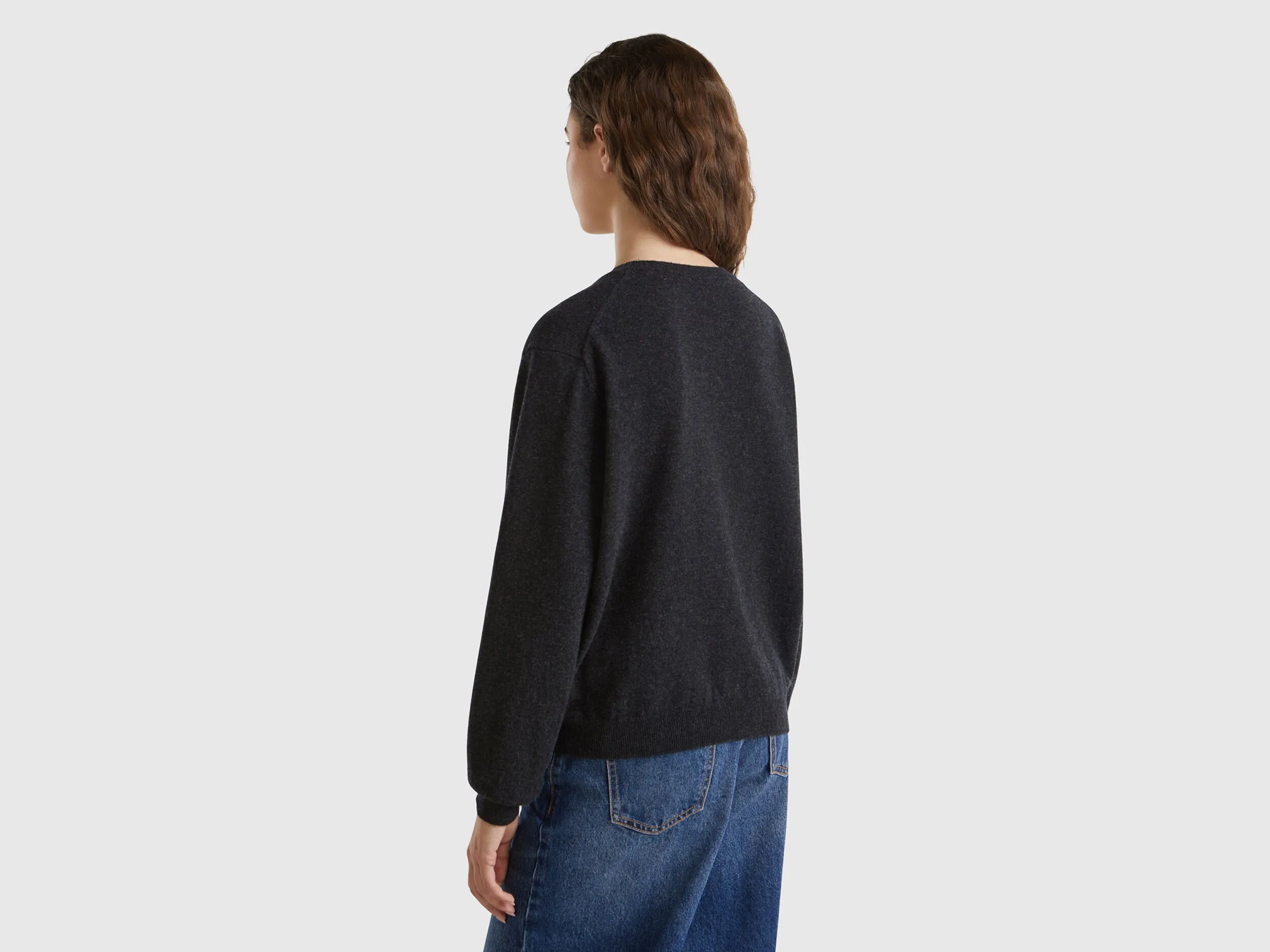 Relaxed fit pure Merino wool sweater - Dark Gray | Benetton