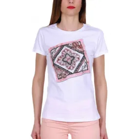 T-SHIRT GIROCOLLO CON STAMPA E STRASS, BIANCO