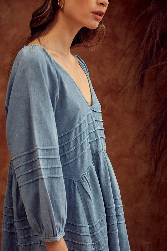 V Neck Pleated Detail Washed Dress