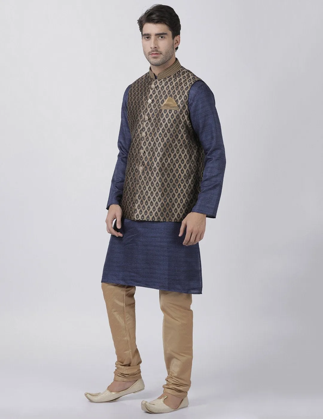 VASTRAMAY Men's Dark Blue Cotton Silk Blend Kurta, Ethnic Jacket and Pyjama Set