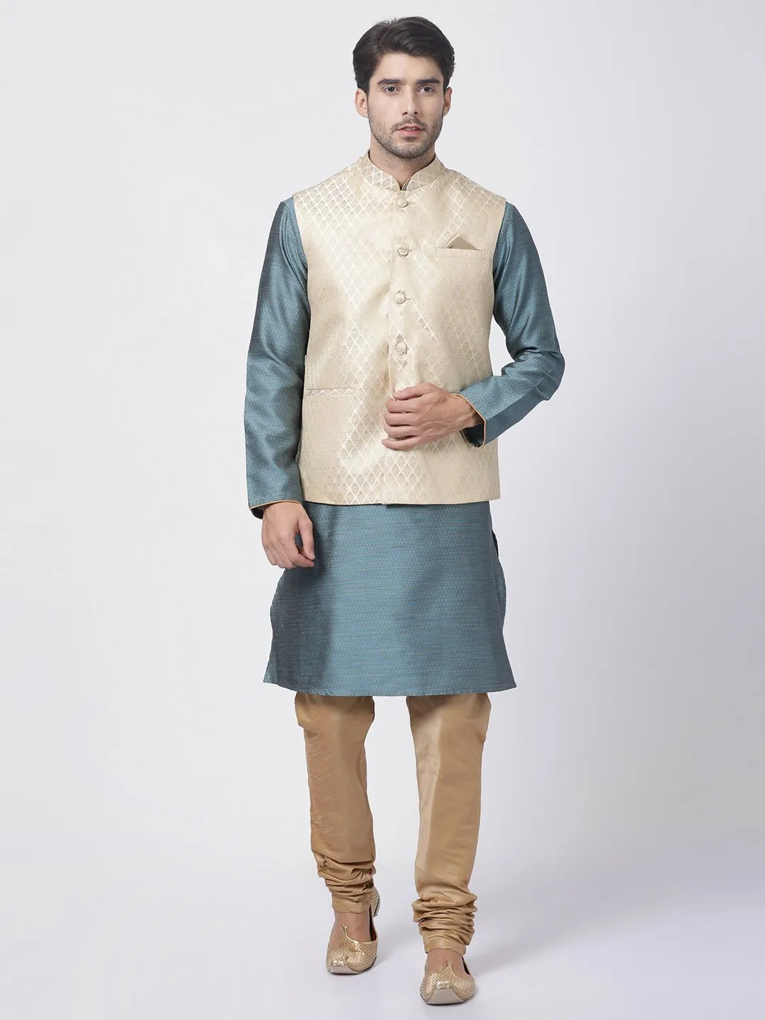 VM By VASTRAMAY Men's Cream Silk Blend Jacket With Kurta Pyjama Set