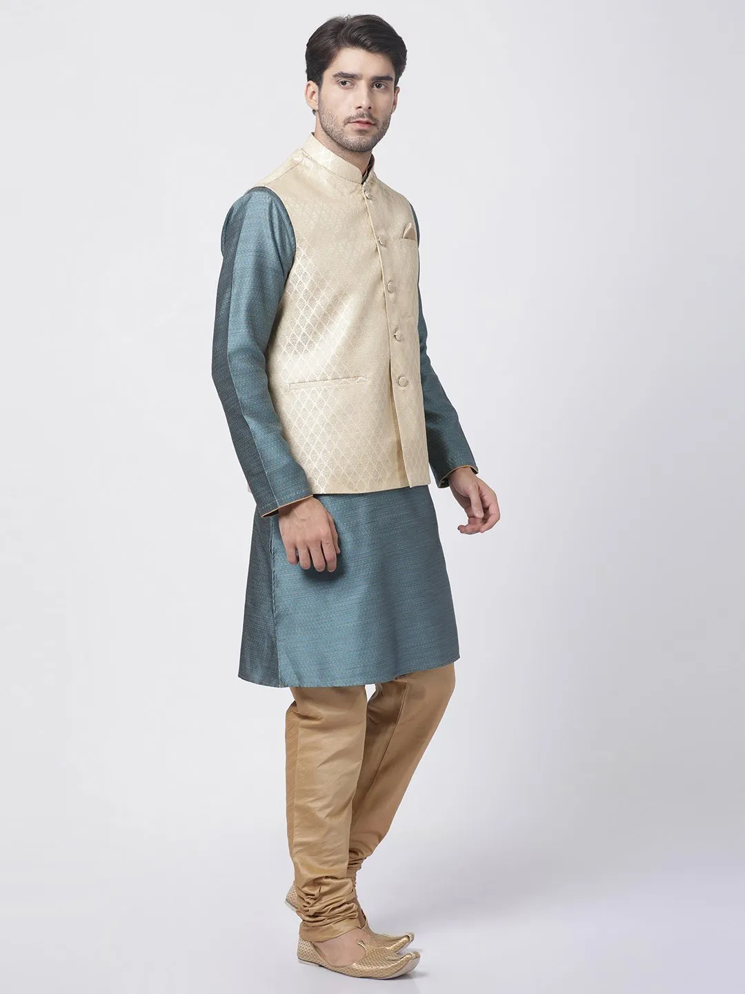 VM By VASTRAMAY Men's Cream Silk Blend Jacket With Kurta Pyjama Set