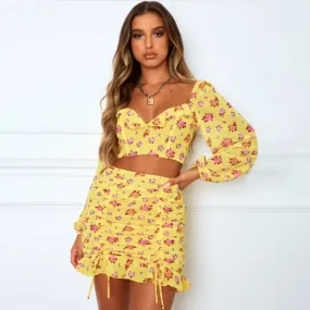 Women Fashion Suit Floral Print Bodycon Clothes Fall Summer Long Sleeve V Neck Shirt Tops+Ruched Skirts Ruffle Hem 2PCS Vacation