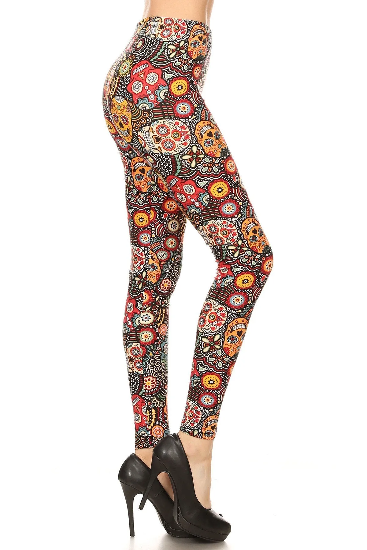 Women's 3X 5X Ornate Sugar Skull Pattern Printed Leggings