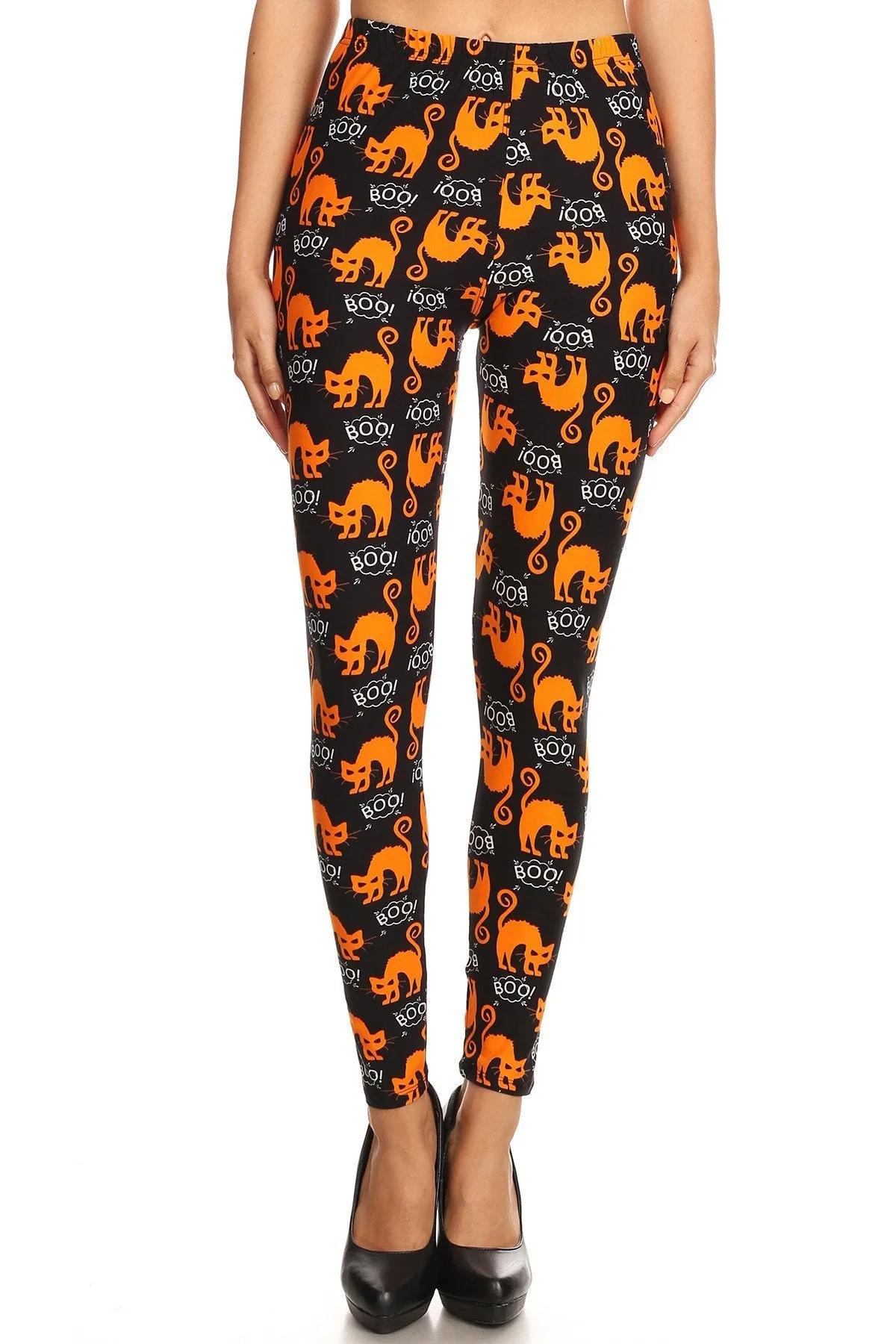 Women's Plus Halloween Scary Cat Boo Pattern Printed Leggings