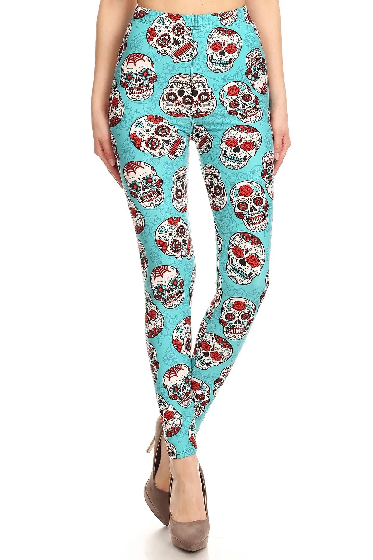 Women's Plus Teal Sugar Skulls Pattern Printed Leggings