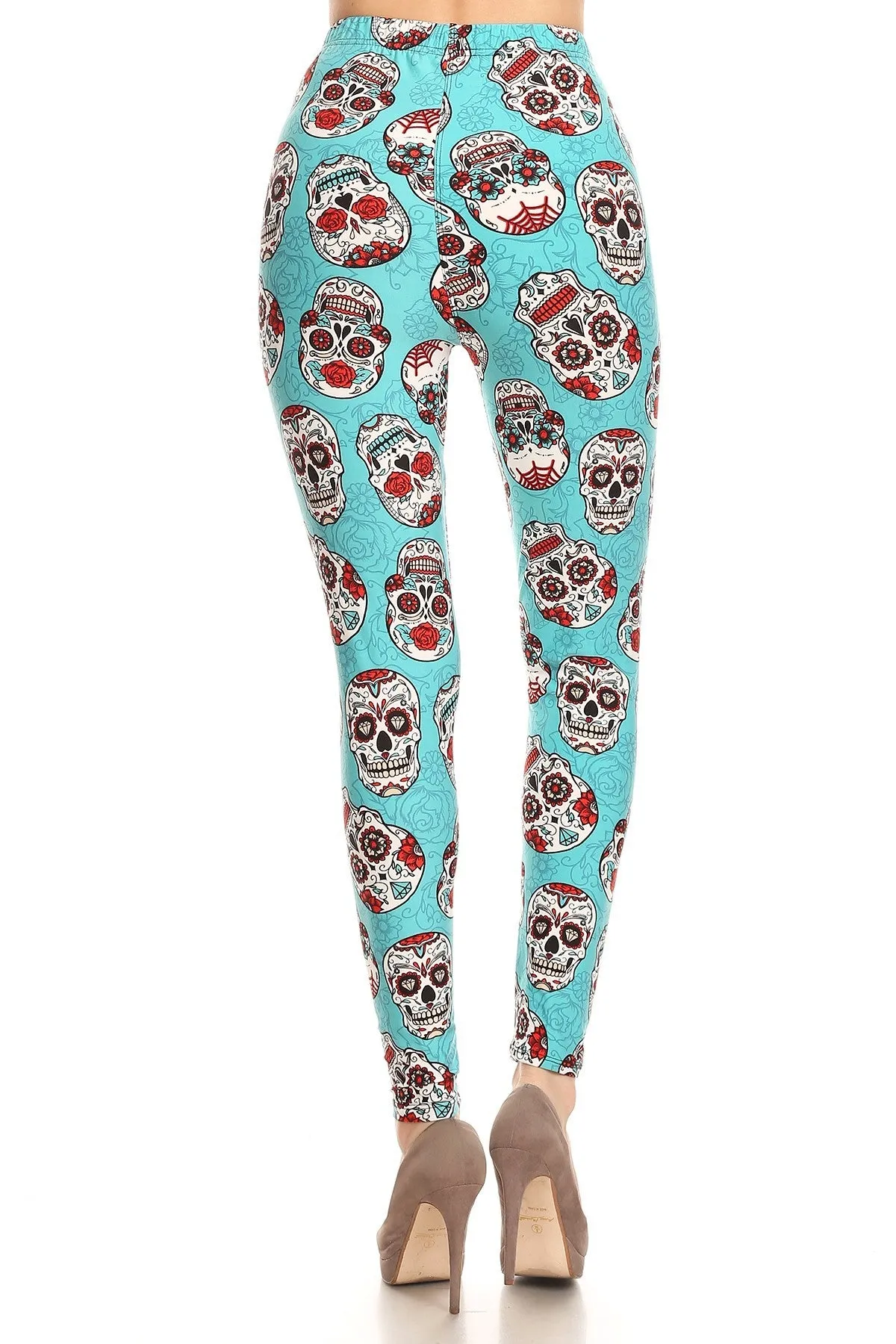 Women's Plus Teal Sugar Skulls Pattern Printed Leggings